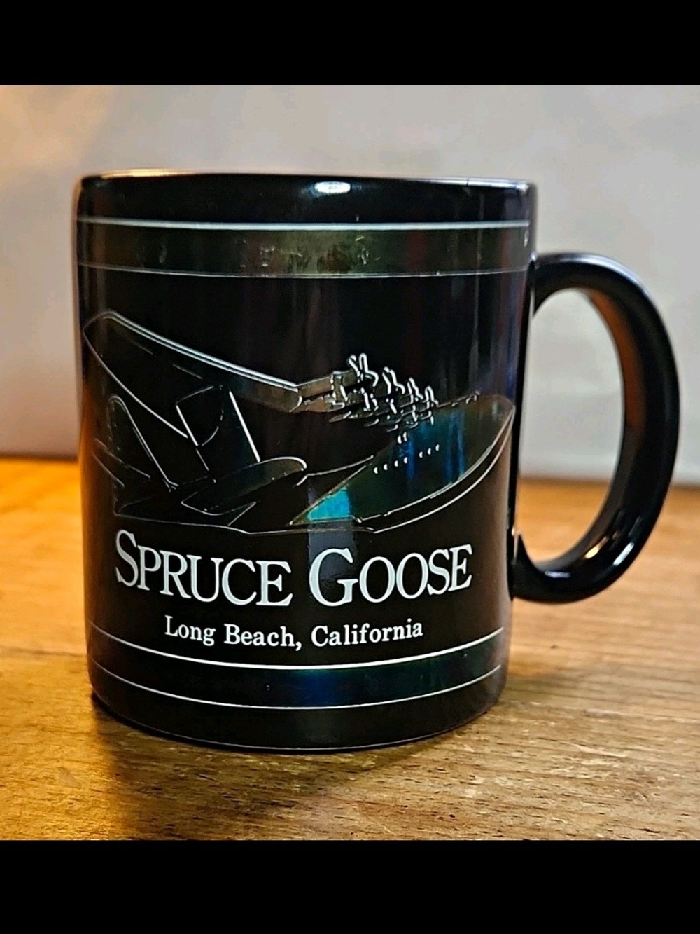 VTG 80s Spruce Goose Long Beach California Black Souvenir Mug 22k Gold Accent